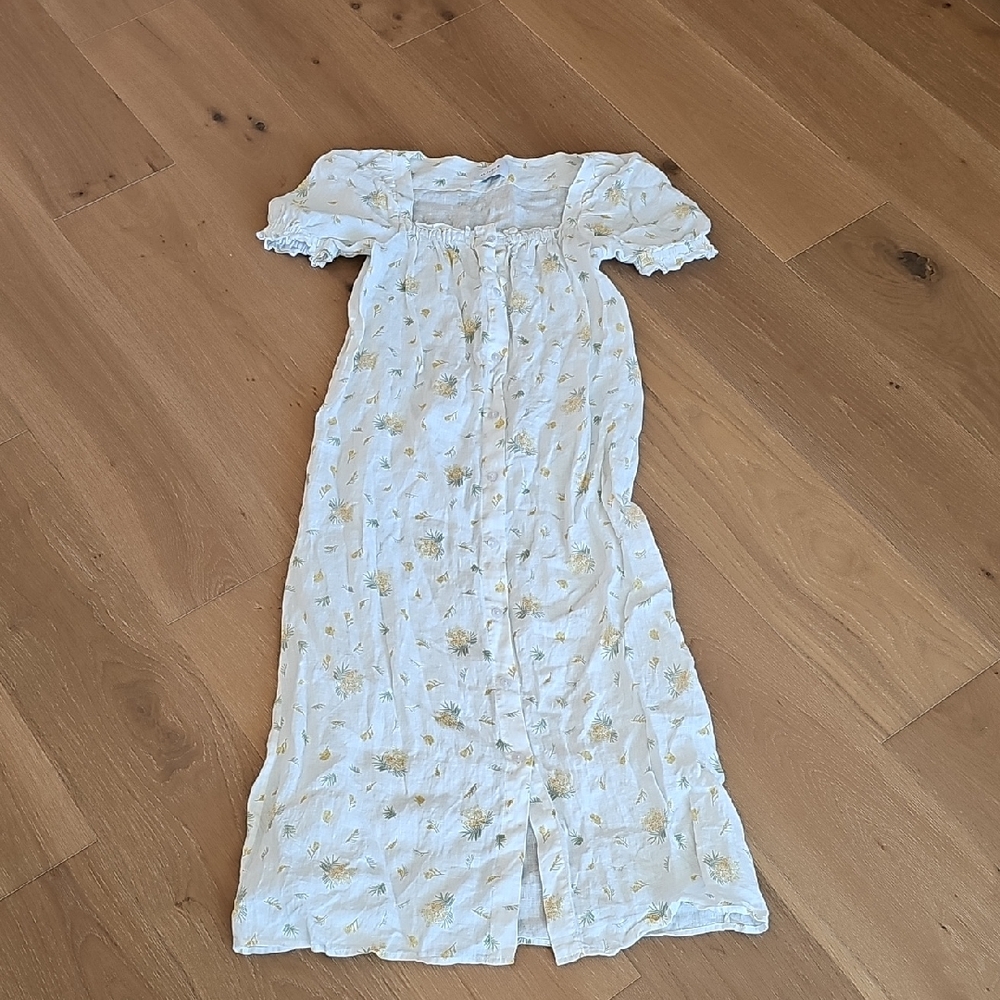 Sleeper Brigitte Linen Floral Midi Dress Mimosa Puff Sleeve Ivory Yellow Small - Picture 5 of 9